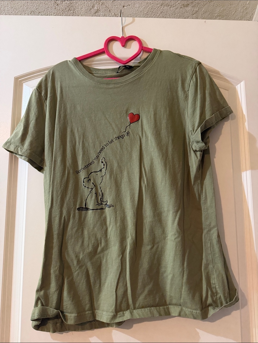 SHEIN Olive Green Tee with Red Heart Balloon Graphic